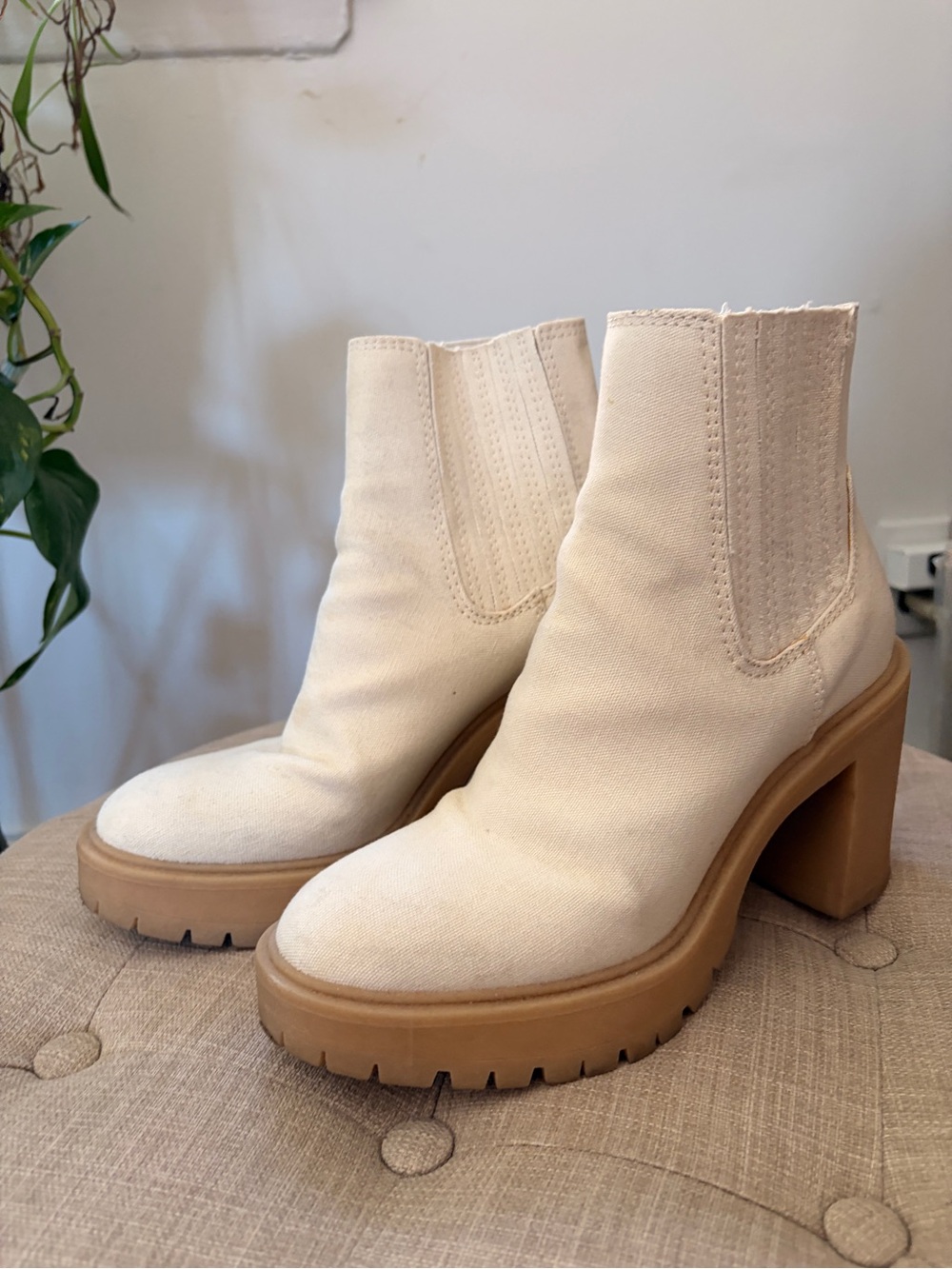 Women's Cream Block Heel Chelsea Booties- Dolce Vita Sandstone Canvas